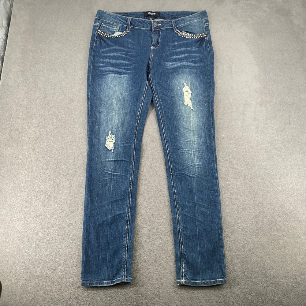 Rewash Womens Medium Wash Distressed Rhinestone Pocket Straight Jeans Size 13